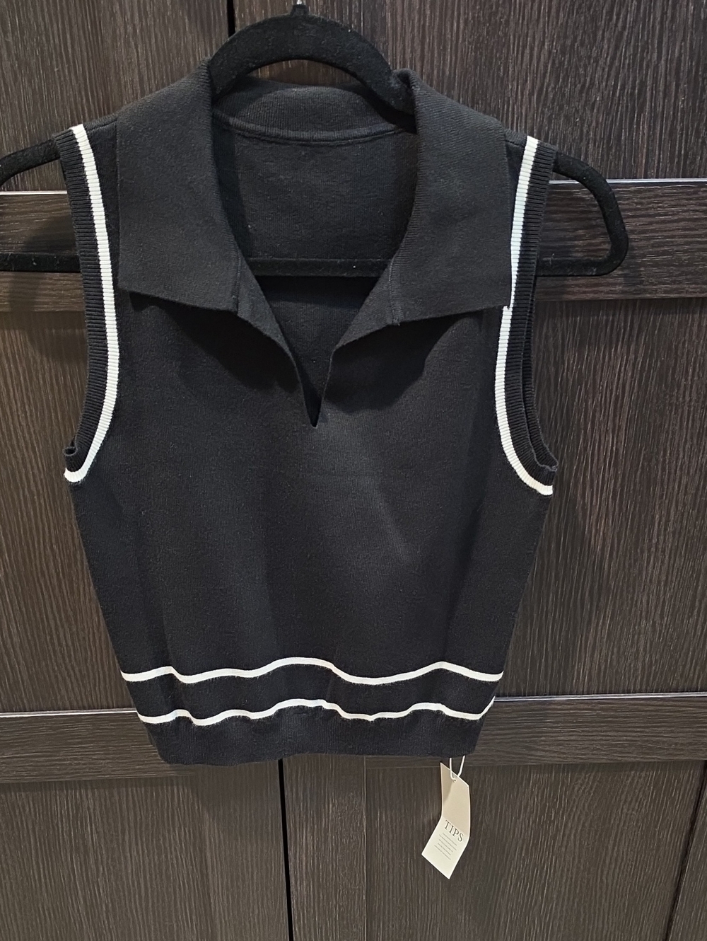 Sleeveless Black Knit Polo Tank with White Trim